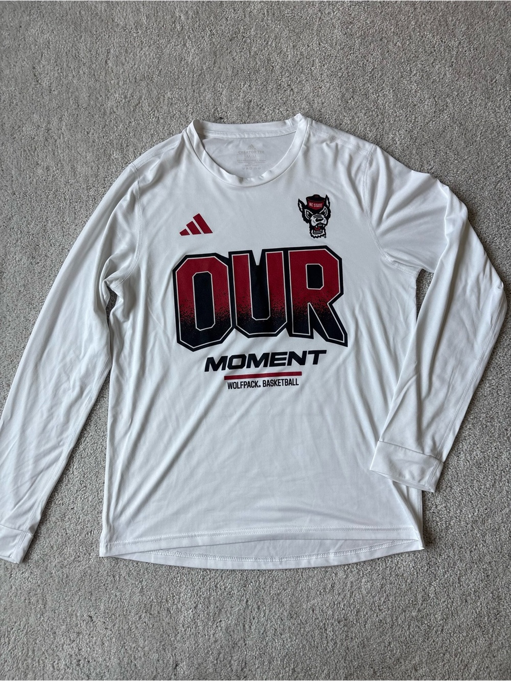adidas White Long-Sleeve 'OUR MOMENT' Basketball Tee with Red & Black Graphic